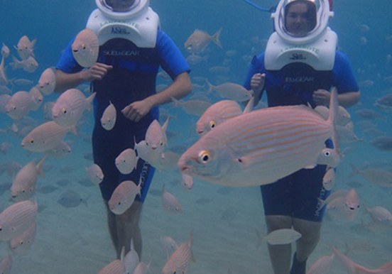 walk underwater thru sea trek adventure