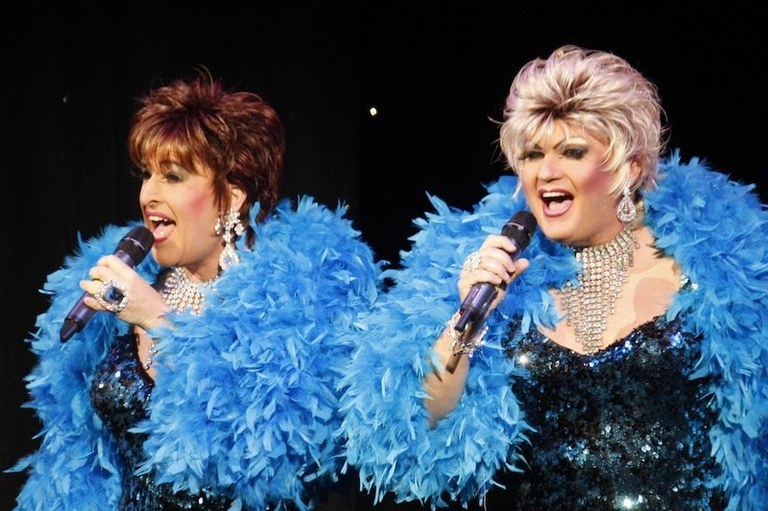 Mrs T and Peggy - blue boa.JPG